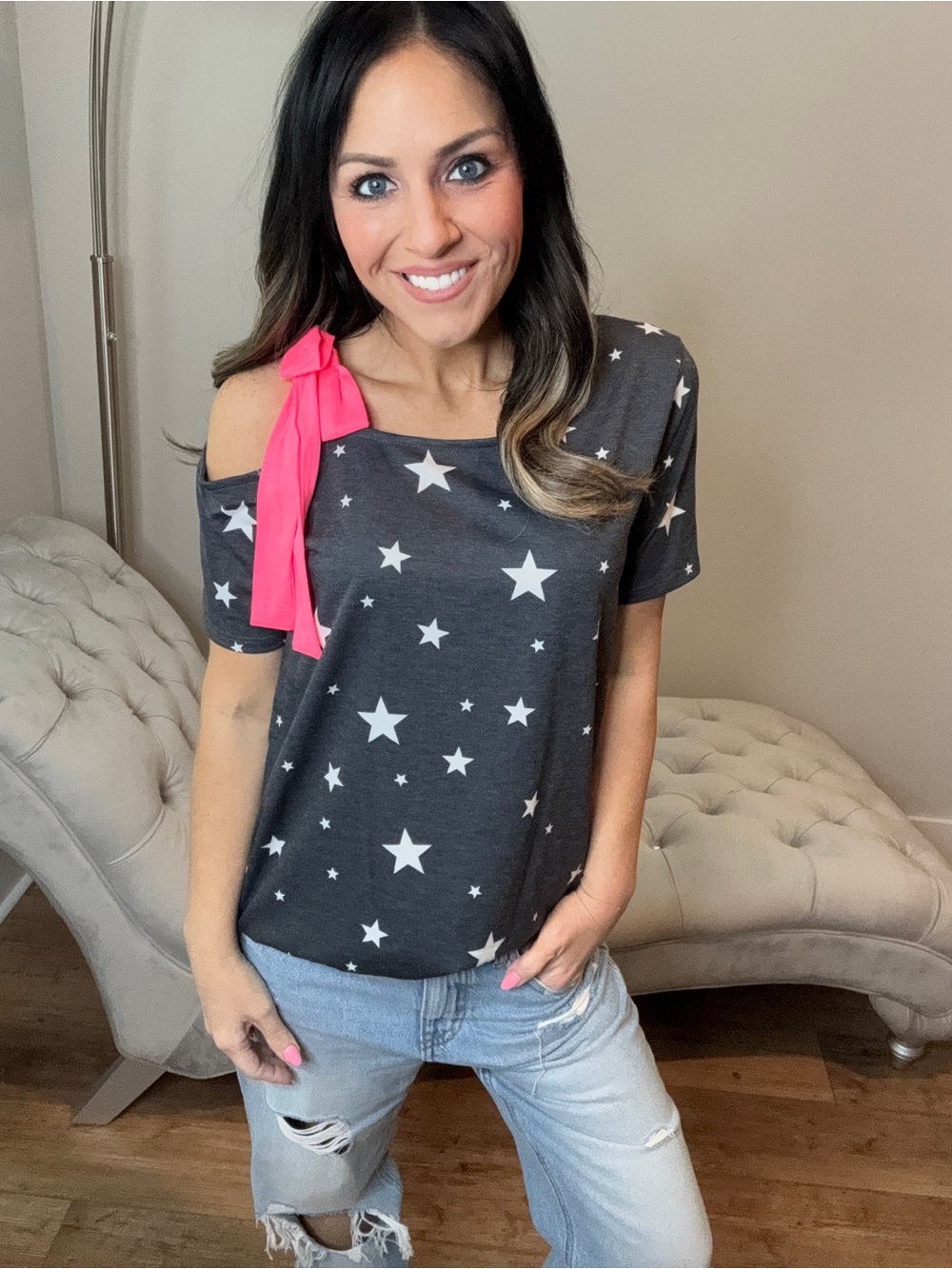 S-XL HEIMISH USA Charcoal Star Print Off-Shoulder Top with Hot Pink Tie